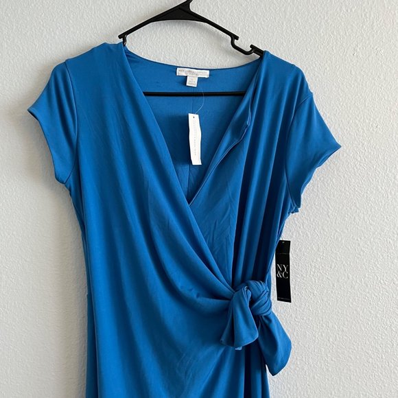 New York And Company Cap Sleeve Wrap Front Dress Fully Lined Blue Size Large - Picture 3 of 12
